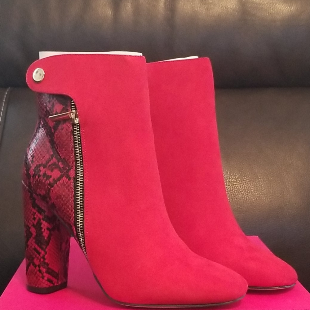 Red Booties, snake skin pattern
